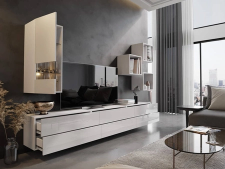 Hängeschrank Peritia weiß / weiß glänzend minimalistisches Design Hängeschrank für Wohnzimmer oder Sitzungssaal push to open system