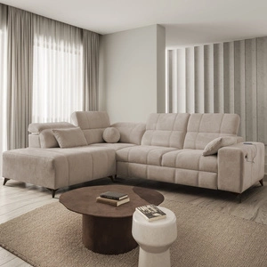 Ecksofa mit Schlaffunktion Penejos VII dunkelbeige links stilvolles Ecksofa mit Bettzeugablage komfortable verstellbare Kopfstützen