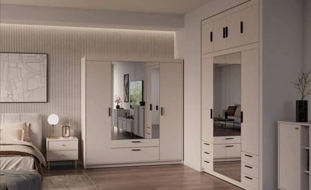 Kleiderschrank mit Spiegel Rene 176 cm beige sand stilvolles Design schwarze Griffe idealer Kleiderschrank für Schlafzimmer geräumige Schubladen