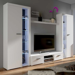 Die weiße Schrankwand Rene XL ist ideal für Liebhaber moderner Einrichtungen mit elegantem Charakter und großer Funktionalität