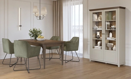 Vitrine Evora 126 cm beige / Eiche dunin wird Liebhaber von ausdrucksstarken Interieurs ideal für das Wohnzimmer und Esszimmer begeistern