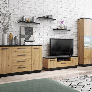 Möbelwand Simi Eiche artisan/schwarz klassische Möbelform aus hochwertiger Schichtstoffplatte ideale Schrankwand für das Wohnzimmer