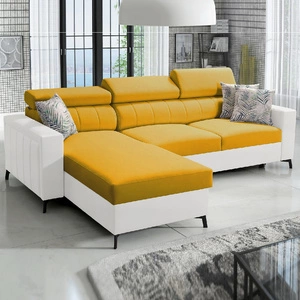 Ecksofa mit Schlaffunktion Savona gelb/weiß links elegantes Ecksofa mit verstellbaren Kopfstützen Ziernähte