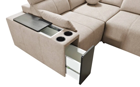 Ecksofa mit Schlaffunktion Tesalia grau Esche rechte Ecke modernes Design komfortable Schiebelehne Schublade in der Seite des Möbels