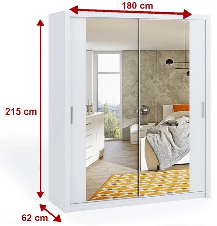 Verspiegelter Schiebeschrank Rico 180 cm weißes Funktionsmöbel im klassischen Stil Kleiderschrank für das Schlafzimmer oder den Flur