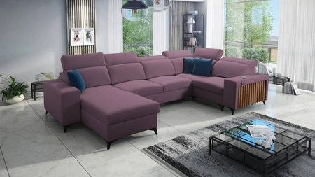 Ecksofa mit Schlaffunktion Kelly IV heather links Samt komfortables Ecksofa verstellbare Kopfstützen seitlich mit Lamellen eingefasst