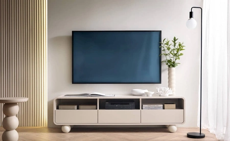 TV Schrank Bion 160 cm beige stilvoller TV-Schrank im originellen Stil geschwungene Form Designer kugelförmige Beine