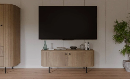 TV Schrank Ovalio 123 cm Eiche cremona stilvoller TV-Schrank einzigartige ovale Form dekorative Fräsen Metallbasis