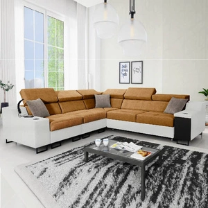 Ecksofa mit Schlaffunktion Alcamo III honig/weiß links Funktions-Ecksofa mit einer Schublade in der Seite zwei Behälter für Bettzeug