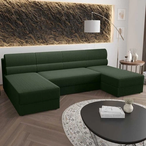 Ecksofa mit Schlaffunktion Fogu U grün komfortables und stilvolles Ecksofa mit einfachem Design Kordstoff Bettzeug Container