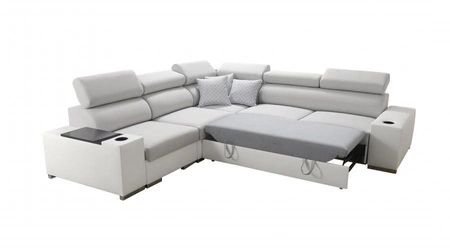 Ecksofa mit Schlaffunktion Provo III grau / weiß linkes Ecksofa mit Bettzeugablage und verstellbaren Kopfstützen