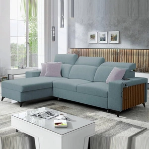 Ecksofa mit Schlaffunktion Kelly arctic blue linke Seite geflochten Komfort und Funktionalität Eckseite mit Latten abgeschlossen