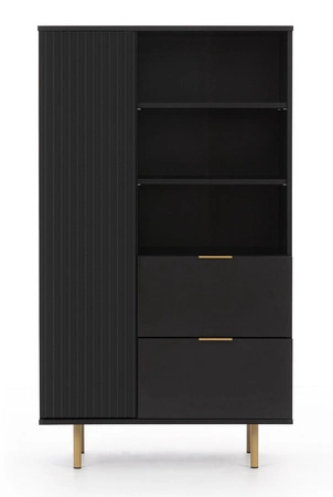 Hochkommode Sula 80 cm schwarz elegante und funktionelle Kommode mit geriffelter Front, die mit Metallgriffen verziert ist