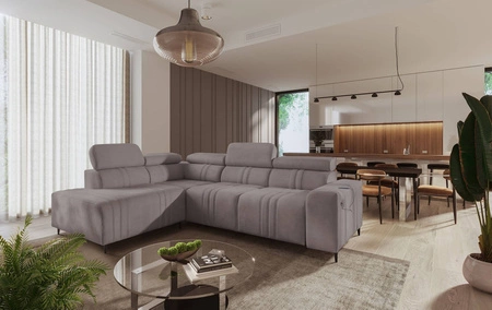 Ecksofa mit Schlaffunktion Castel VII grau braun linksseitig stilvolles Ecksofa mit Bettzeugablage und verstellbaren Kopfstützen