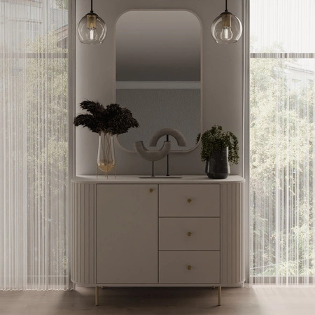 Kommode mit Schubladen Ovalio 123 cm beige elegante Kommode mit einem außergewöhnlich stilvollen Design ovale Form akzentuiert durch Fräsen