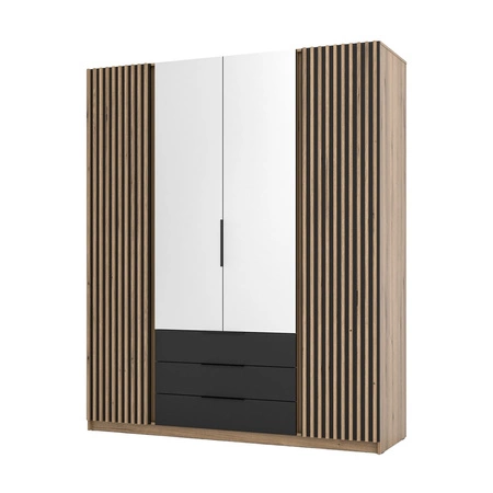 Kleiderschrank mit Spiegel Kastano V 200 cm Eiche evoke / schwarz stilvolles Design Kleiderschranktür mit Eiche evoke Lamellen verziert