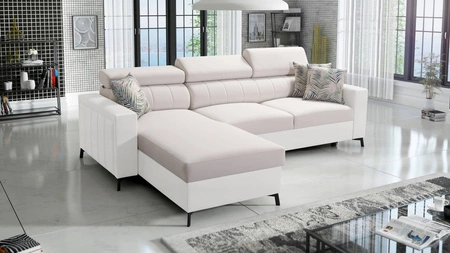 Ecksofa mit Schlaffunktion Savona creme/weiß links elegantes Ecksofa mit verstellbaren Kopfstützen Ziernähte 