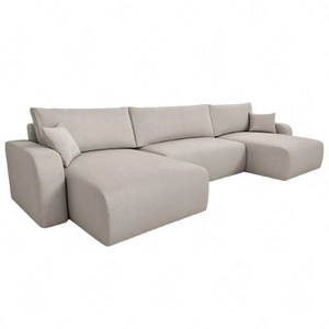 Ecksofa mit Schlaffunktion Fiesta U XL hellbeige elegantes Ecksofa für Wohnzimmer mit Bettzeugablage Stoff mit Plüschoberfläche