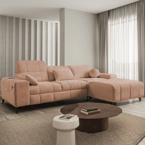 Ecksofa mit Schlaffunktion Penejos Lachs rechts elegantes Ecksofa mit Bettzeugablage bequem verstellbare Kopfstützen