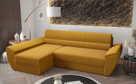 Ecksofa mit Schlaffunktion Fogu III Honig-Gelb links Stilvolles Ecksofa mit Armlehnen und Bettzeugablage Kordelstoff