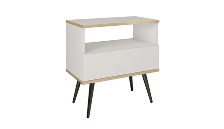 Luxuriöser weißer Nachttisch mit Schublade elegantes Design Schrank mit goldenen trim Schrank auf schwarzen Metallbeinen unterstützt