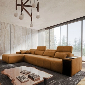 Ecksofa mit Schlaffunktion Tesalia XII Honig links modernes Design komfortable Schiebe-Rückenlehne Schublade in der Seite des Möbels