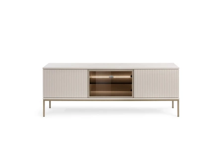 RTV Schrank Amma 154 cm beige elegante Form des Möbels in einem modernen Stil geschmackvoll geriffelte Front sicher gehärtetem Glas