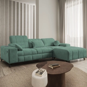 Ecksofa mit Schlaffunktion Penejos grüner rechts elegantes Ecksofa mit Bettzeugablage bequem verstellbare Kopfstützen