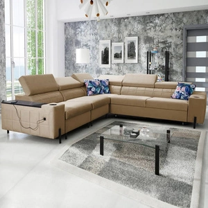 Ecksofa mit Schlaffunktion Belvi IV dunkelbeige links elegantes Ecksofa für Wohnzimmer praktischer Stauraum in Seitenwand