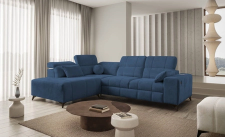 Ecksofa mit Schlaffunktion Penejos VII blau links stilvolles Ecksofa mit Bettzeugablage komfortable verstellbare Kopfstützen