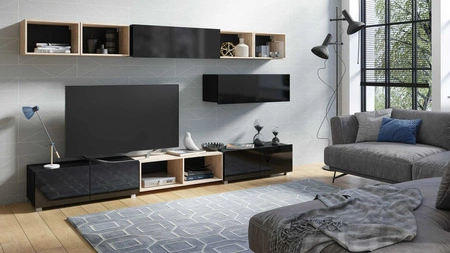 Möbelwand Apulia XXVI schwarz glänzend / Eiche handwerklich extrem stilvoll Möbelwand einfache Einheiten, die in jedes Interieur passen
