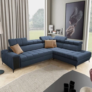 Ecksofa mit Schlaffunktion Bolmso VII blau rechts elegantes Ecksofa für Wohnzimmer mit Schublade und Bettzeugcontainer