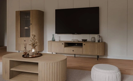 TV Schrank Ovalio 181 cm Eiche cremona unkonventioneller TV-Schrank für Wohnzimmer Metall dekorative Accessoires Fräsen