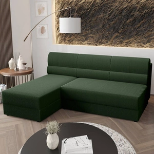 Ecksofa mit Schlaffunktion Fogu grün linke Seite stilvolle Ecksofa mit einfachem Design mit Cord-Stoff Bettzeug Container abgedeckt