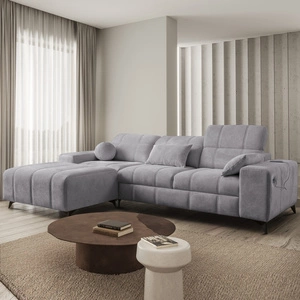 Ecksofa mit Schlaffunktion Penejos hellgrau links elegantes Ecksofa mit Bettzeugablage bequem verstellbare Kopfstützen