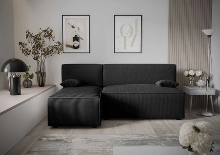 Ecksofa mit Schlaffunktion Brandon schwarz rechte Ecke dreidimensionaler Stoff mit ausdrucksstarkem Streifen Bettzeug Container