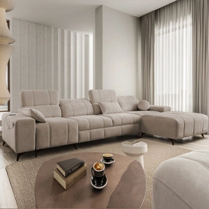 Ecksofa mit Schlaffunktion Penejos XII dunkelbeige rechtes Ecksofa mit Bettzeugcontainern komfortable verstellbare Kopfstützen