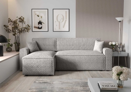 Ecksofa mit Schlaffunktion Brandon Bis grau Esche links weicher Stoff mit charakteristischer Schlingenoberfläche Bettzeugbehälter