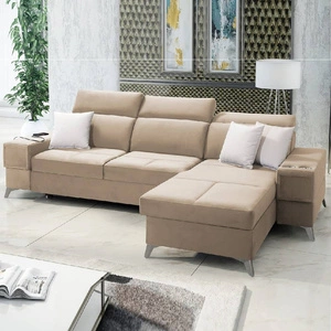 Ecksofa mit Schlaffunktion Elgin beige rechtsseitiges Ecksofa mit verstellbaren Kopfstützen praktische Schubladen in den Möbelseiten