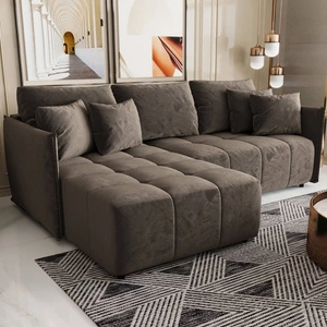 Schlafsofa Oroso hellbraun links Sofa weicher Samtstoff mit hydrophober Beschichtung Bettzeug Container