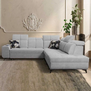 Ecksofa mit Schlaffunktion Buffalo IX grau Esche rechte Ecke Stilvolles Ecksofa für einen Raum aus Veloursstoff Zierkissen