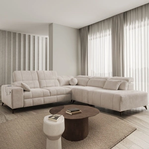 Ecksofa mit Schlaffunktion Penejos IX beige rechte Seite stilvolles Ecksofa mit Bettzeugcontainern komfortable verstellbare Kopfstützen