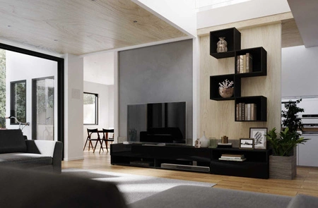 Nemea schwarz / schwarz glänzend universelle und stilvolle Schrankwand für das Wohnzimmer minimalistisches Design in einer modernen Umgebung