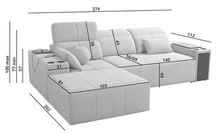 Ecksofa mit Schlaffunktion Tesalia blau links modernes Design komfortable Schiebelehne Schublade in der Seite des Möbels