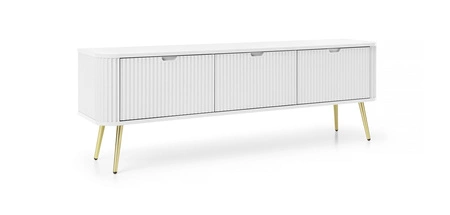 RTV Schrank Zoya 168 cm weiß modernes Design massiv auf goldenen Beinen geriffelte Front charakteristische ovale Form gesetzt