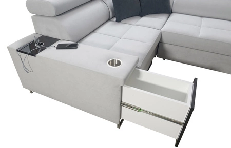 Ecksofa mit Schlaffunktion Dafni II arktikblau/weiß links geflochtenes Ecksofa mit Bettzeugschublade in der Seitenwand