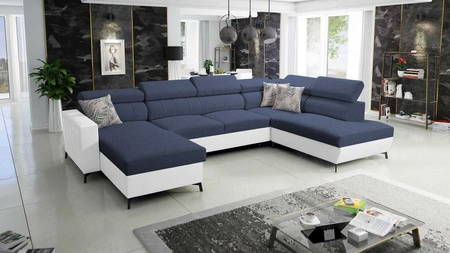 Ecksofa mit Schlaffunktion Savona VI marineblau/weiß links bequemes Ecksofa für Wohnzimmer mit zwei Bettkästen 