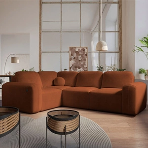 Ecksofa mit Schlaffunktion Arbon II ziegelrot linke Ecke stilvolles Design markante runde Form Behälter für Bettzeug