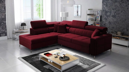Ecksofa mit Schlaffunktion Nausa III burgunderrot links Samt stilvolles bequemes Ecksofa verstellbare Kopfstützen Bettzeug Container
