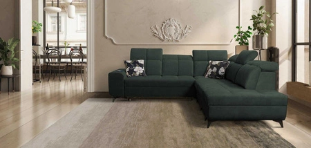 Ecksofa mit Schlaffunktion Buffalo IX grün rechte Seite stilvolles Ecksofa für Zimmer aus Veloursstoff Zierkissen